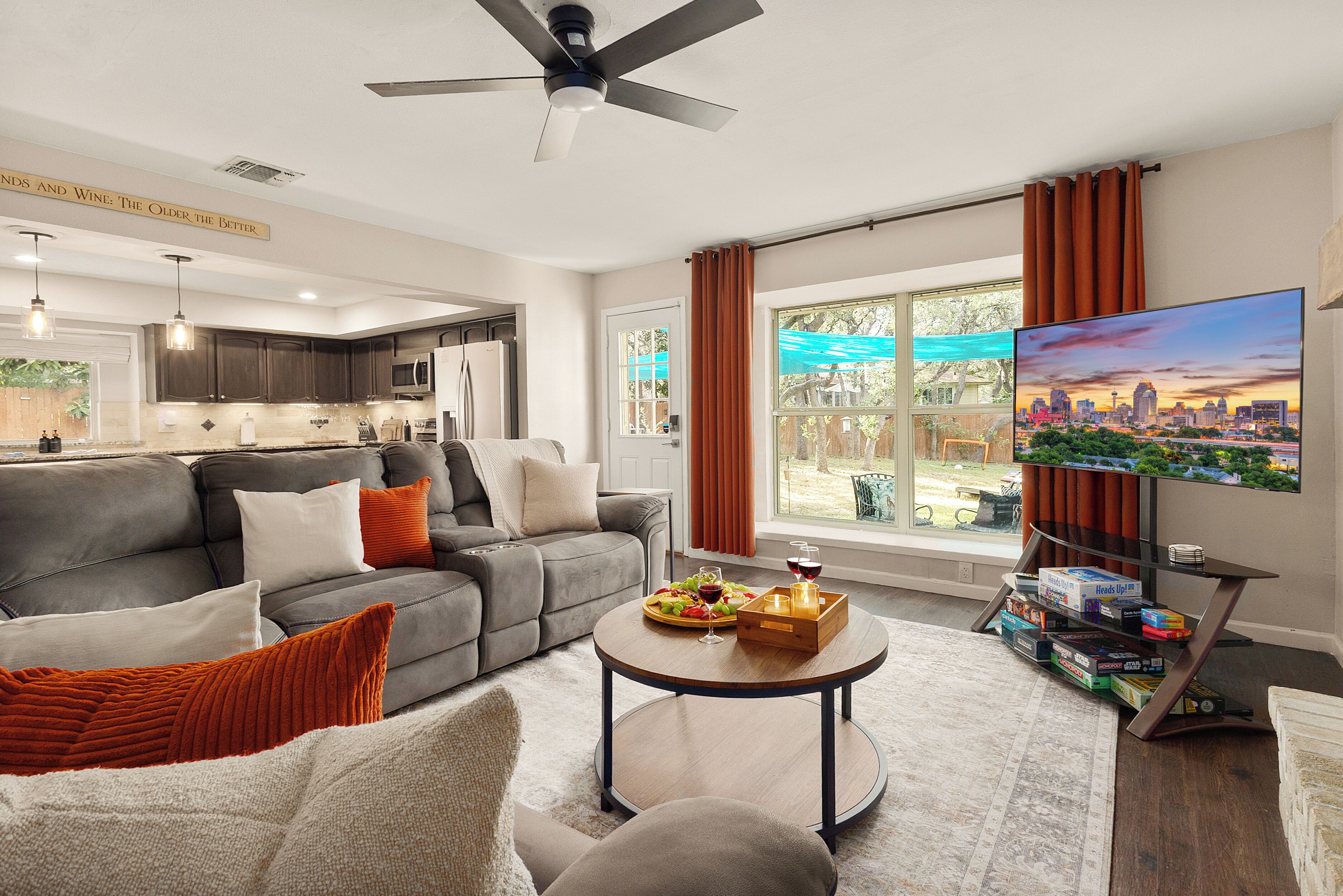 Smart TV, fireplace, video games, books