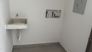Hair dryer, towels, soap, toilet paper