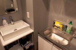 Apartment | Private kitchen | Full-size fridge, microwave, stovetop