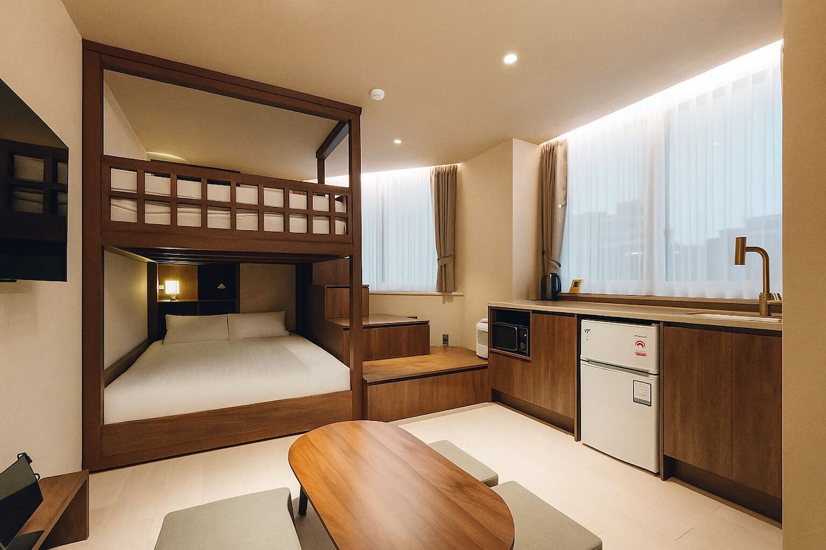 A compact hotel room with a bunk bed, kitchenette, and a large window with curtains.