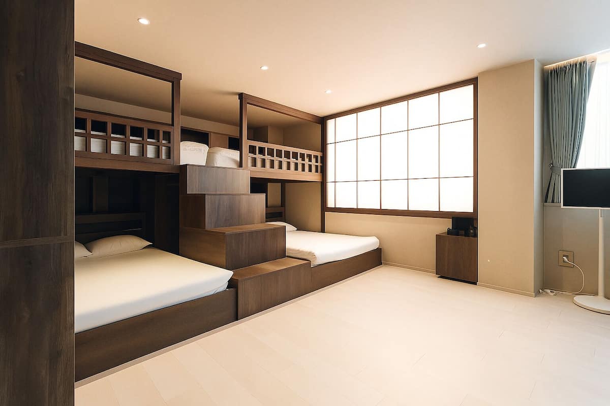 A room with bunk beds, a large window, and a TV.