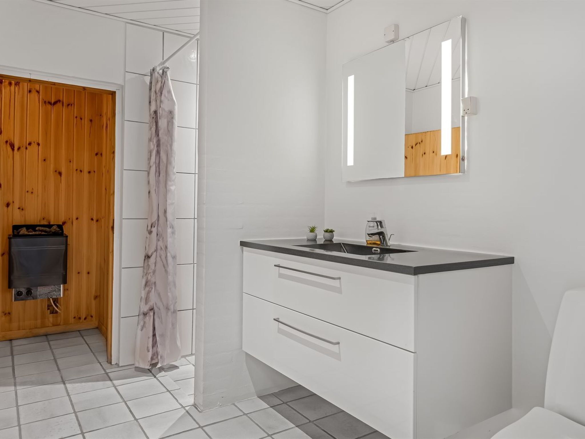 Een moderne badkamer met een houten deur, een douchegordijn, een wastafel met spiegel en een kleine plant op het aanrecht.