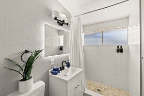 Hair dryer, towels, toilet paper