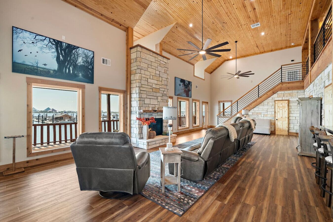 Smart TV, fireplace, books