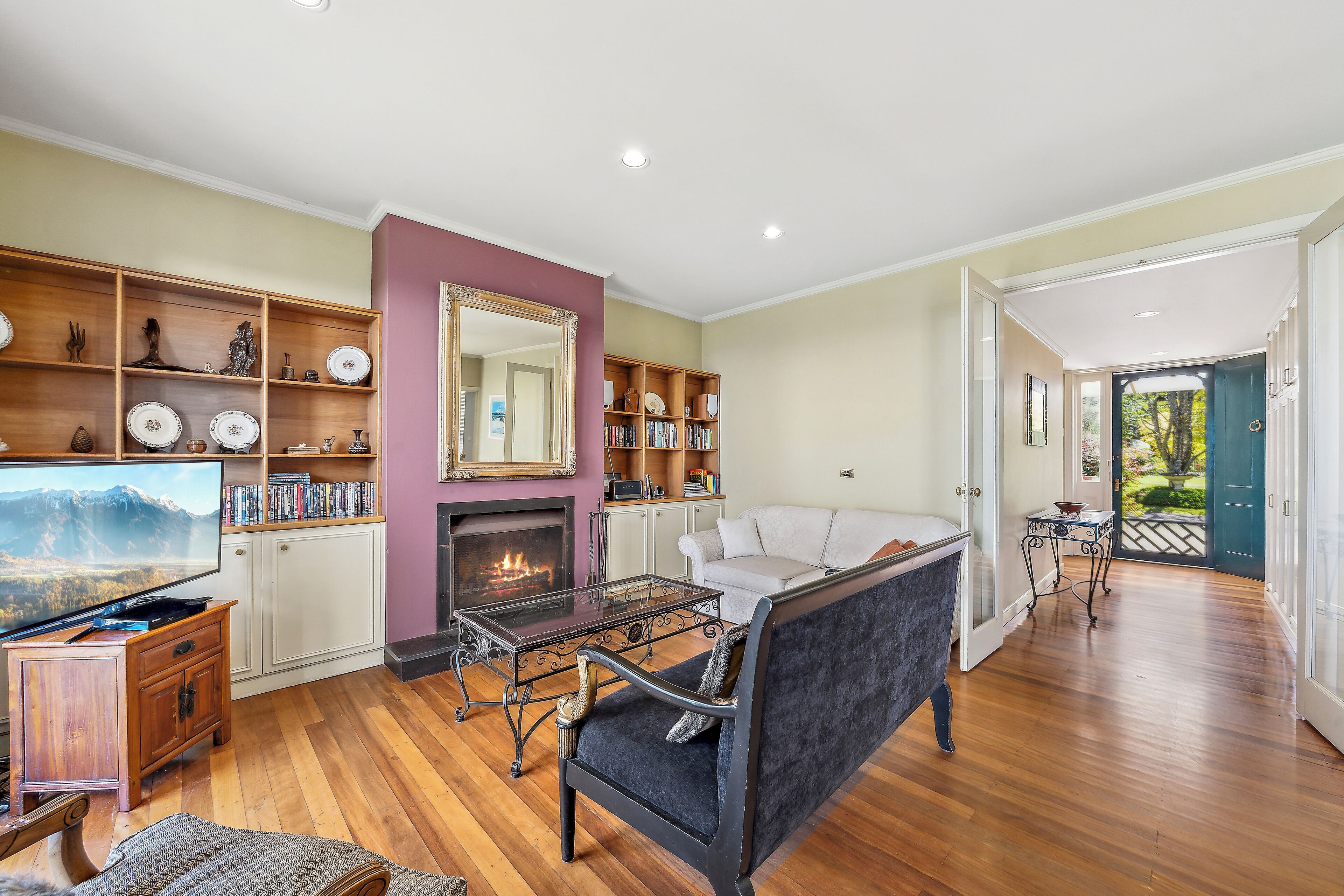 TV, fireplace, DVD player, books