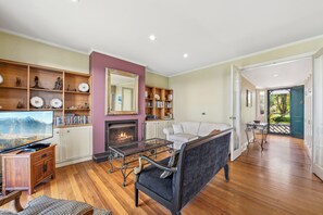 TV, fireplace, DVD player, books