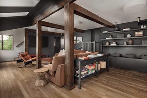 TV, fireplace, foosball, offices