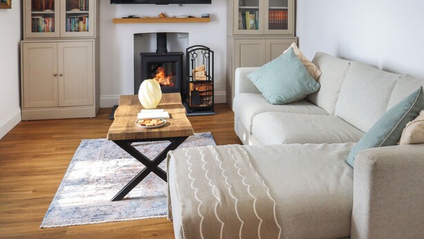 Una sala de estar con chimenea, televisor y estanterías.