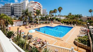 Zona de piscina al terrat amb una piscina blava cristal·lina, envoltada de gandules i palmeres.