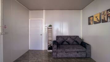 Un espacio habitable compacto con un sofá gris, una puerta blanca y una estantería con cristalería y una planta pequeña.