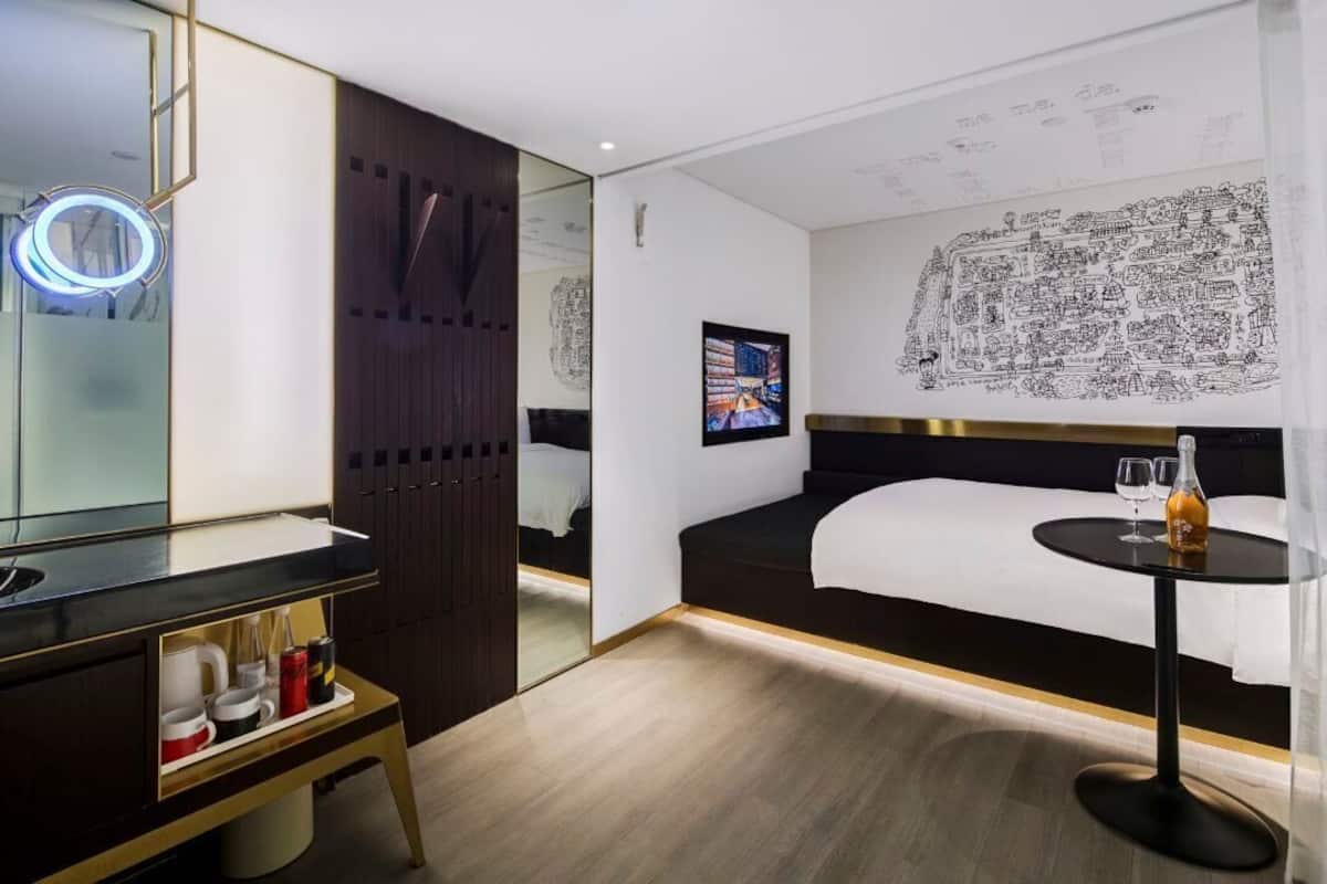 Down comforters, blackout drapes, soundproofing, iron/ironing board