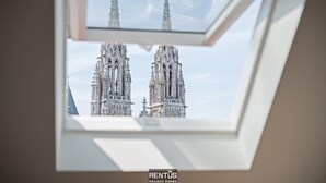 Ett takfönster med utsikt över en gotisk katedral.