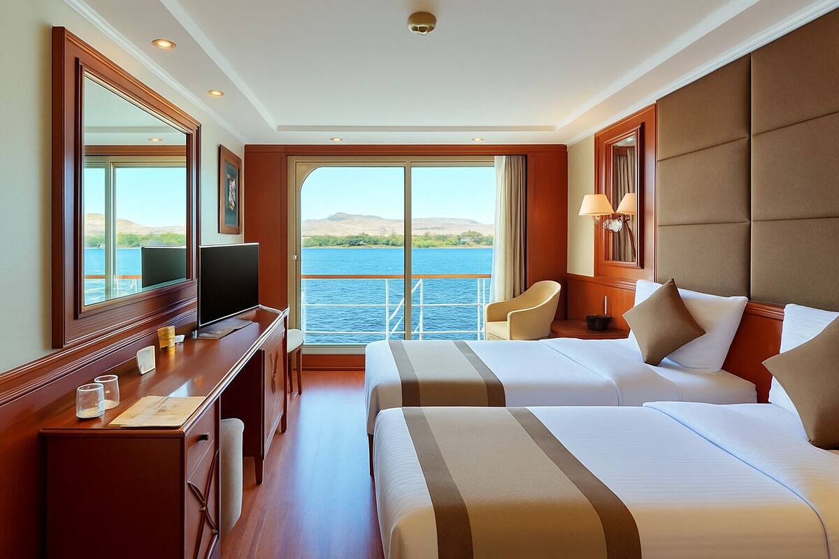 A hotel room with two beds, a desk, a chair, a TV, and a large window with a view of the water.