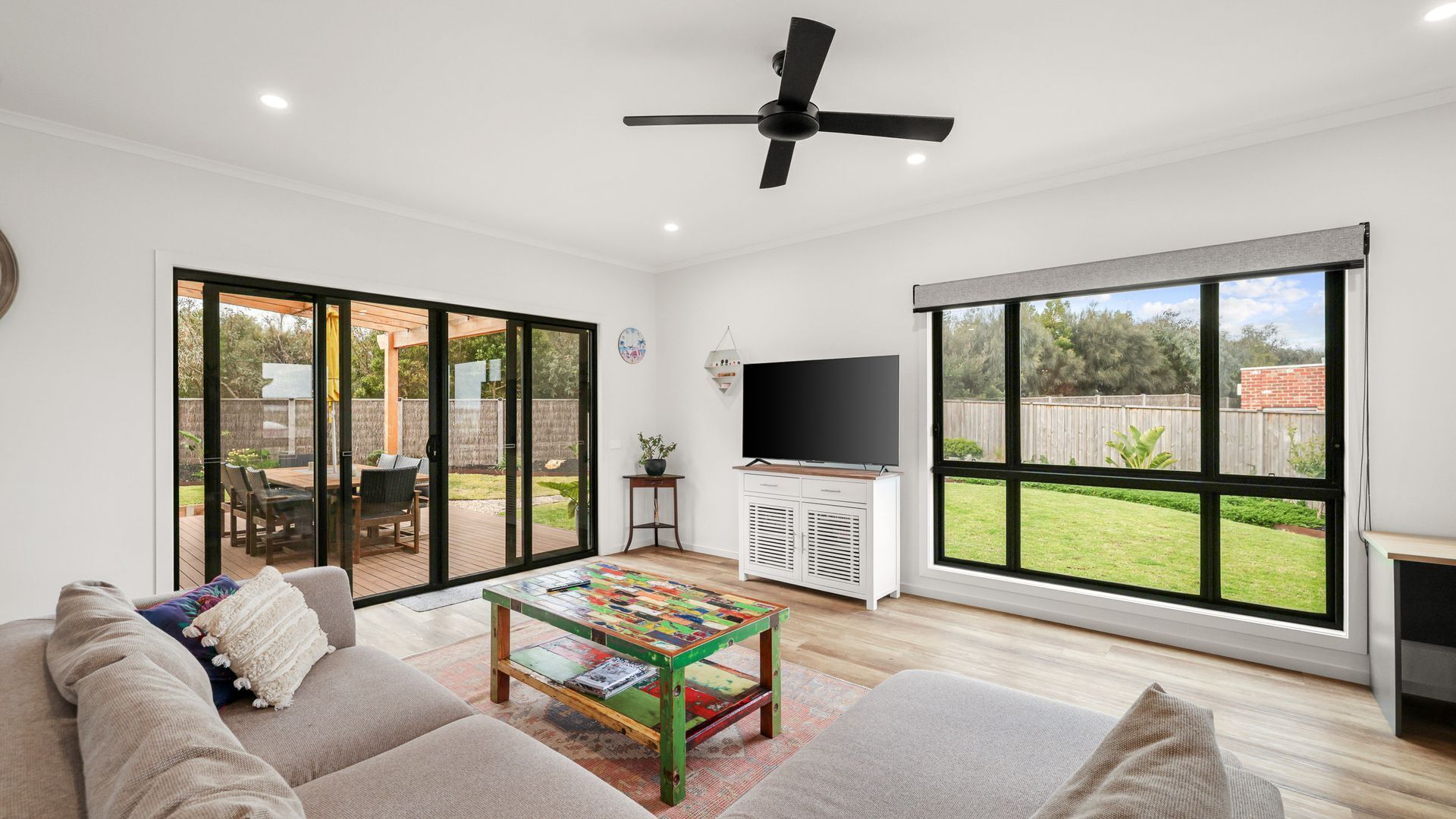 TV, fireplace, books
