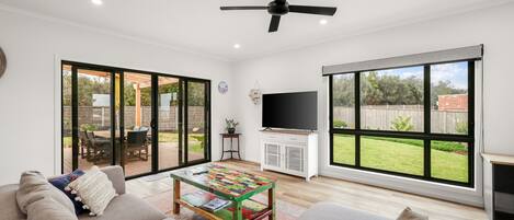 Televisión, chimenea, libros