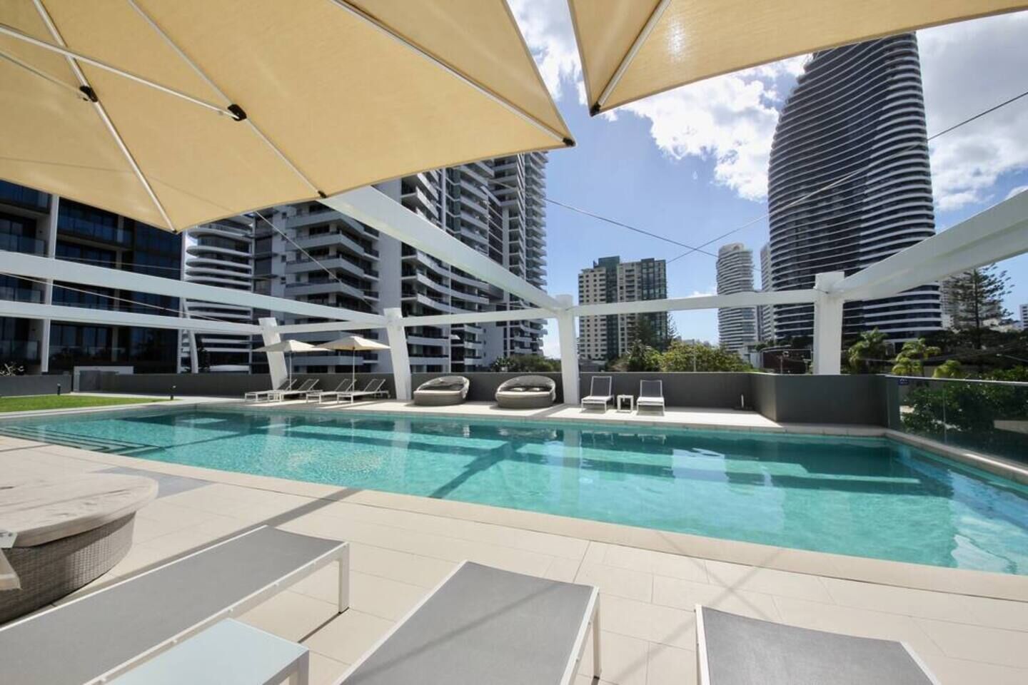 Outdoor pool, pool umbrellas, pool loungers