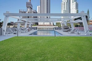 Outdoor pool, pool umbrellas, pool loungers