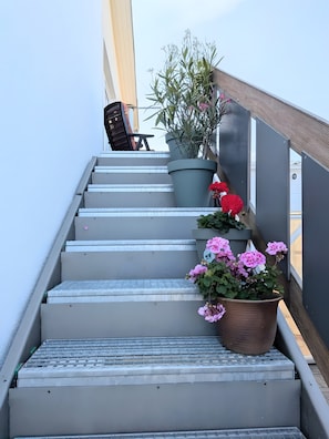 Una escalera con escalones, una silla y plantas en macetas.