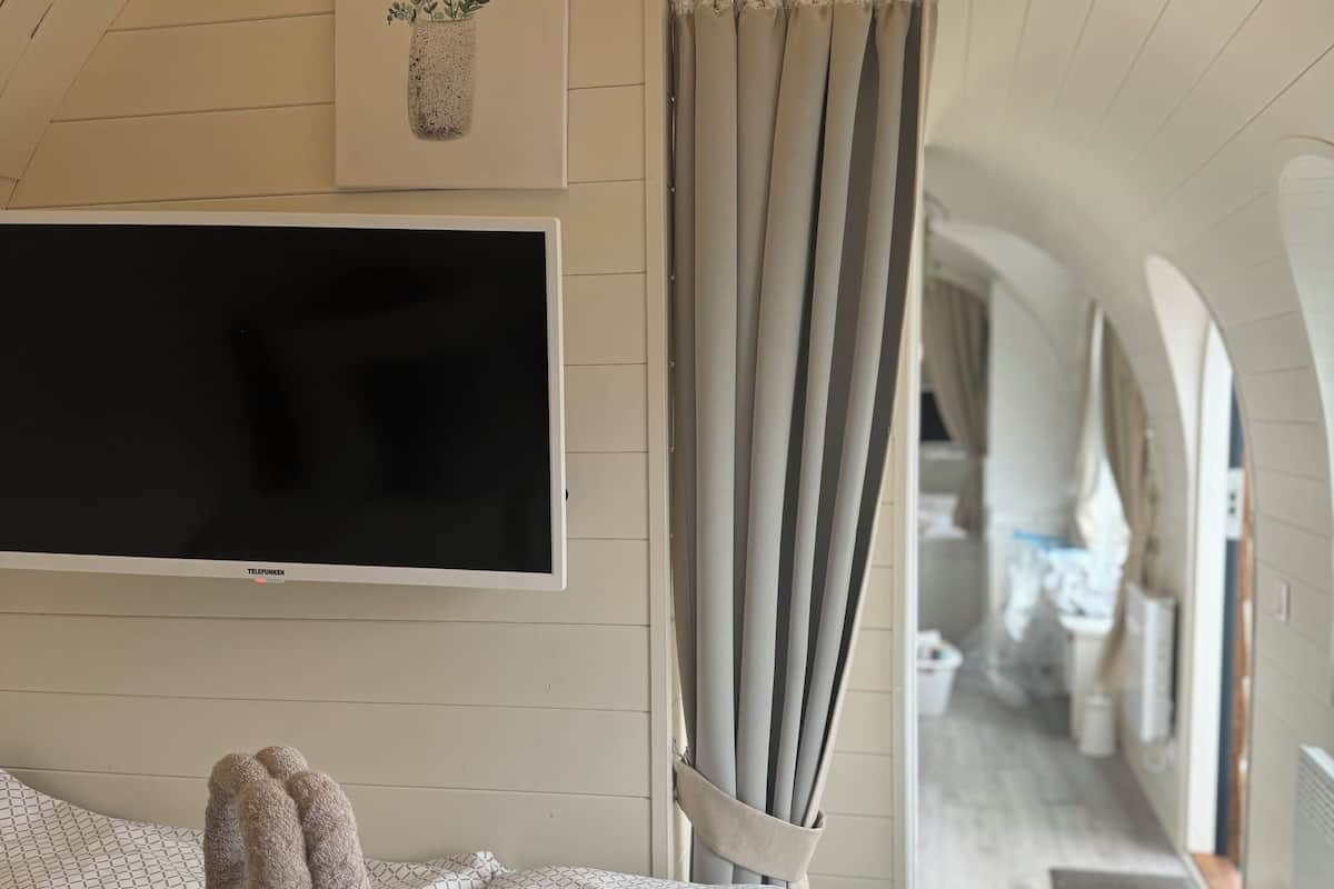 A modern bedroom with a bed, a mounted TV, and a view of a hallway.