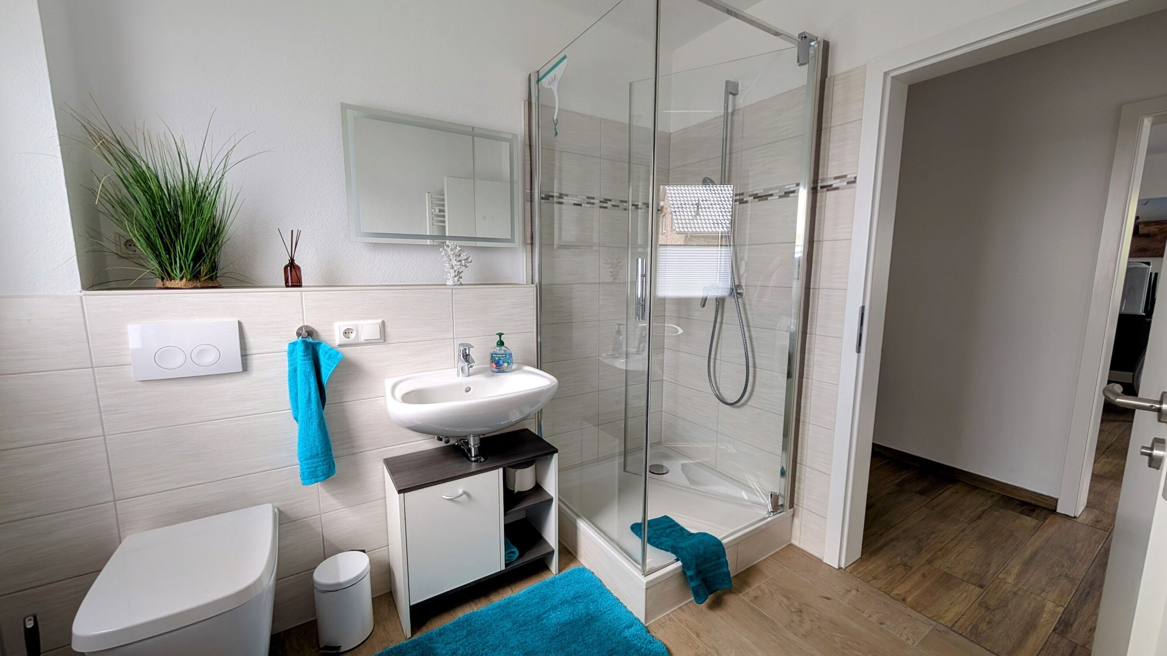 Shower, free toiletries, hair dryer, towels