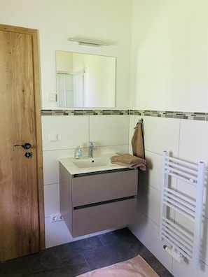 Shower, hair dryer, towels