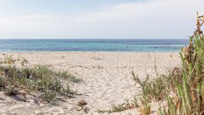 A sandy beach with clear blue water and sparse vegetation. - On The Bay: Sundrenched Stunner. Pet-friendly opposite beach. (Quindalup)