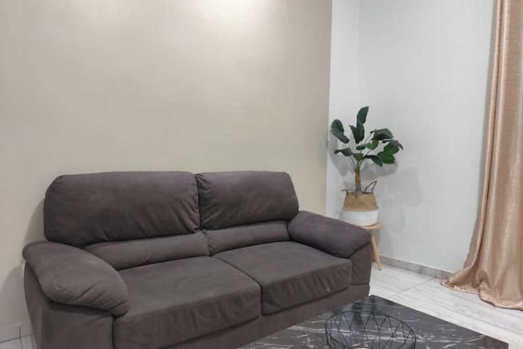 Un canapé gris est placé contre un mur uni, avec une plante en pot et un rideau.