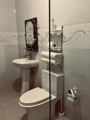 Douche, serviettes fournies, savon, papier toilette