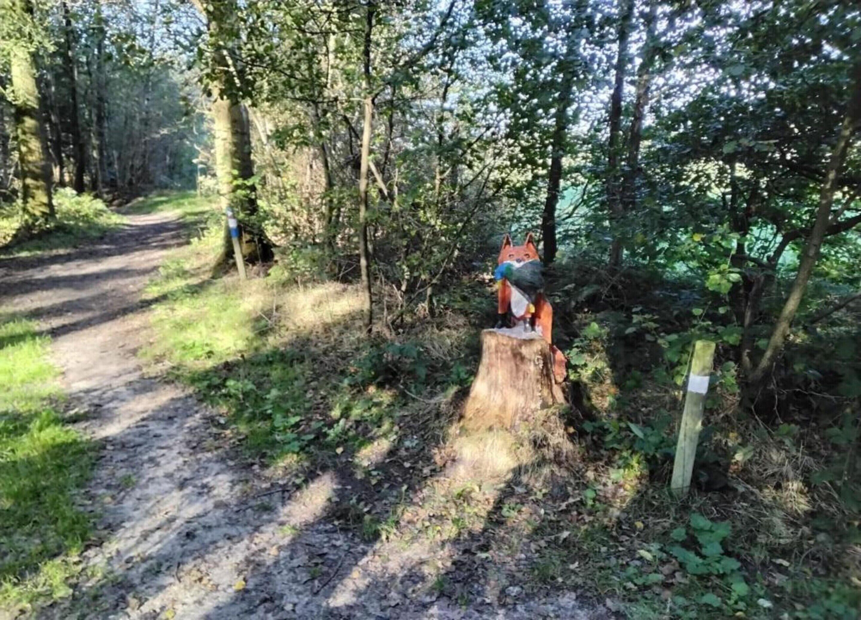 A forested area with a dirt path and a wooden post with a fox sculpture.