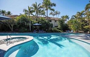 A swimming pool with lounge chairs, surrounded by palm trees and a building with a tiled roof. - Family Apt Turtle Beach Resort 233 (Mermaid Beach)