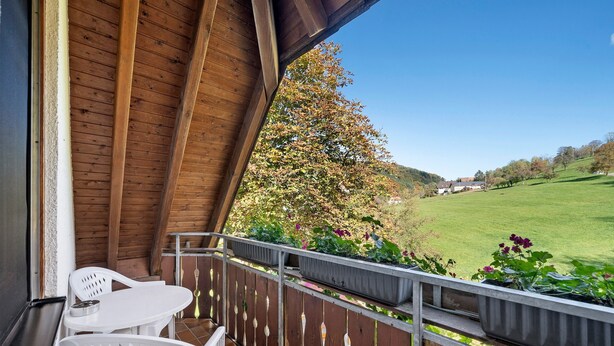 Een balkon met een houten plafond, witte stoelen en uitzicht op een groen veld en bomen.