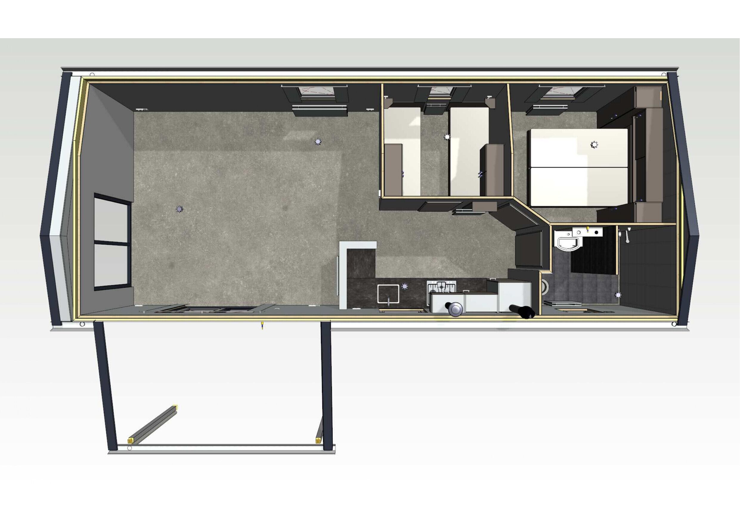 Een plattegrond van een hotelkamer met een bed, een bureau, een stoel, een kleine kitchenette en een badkamer.