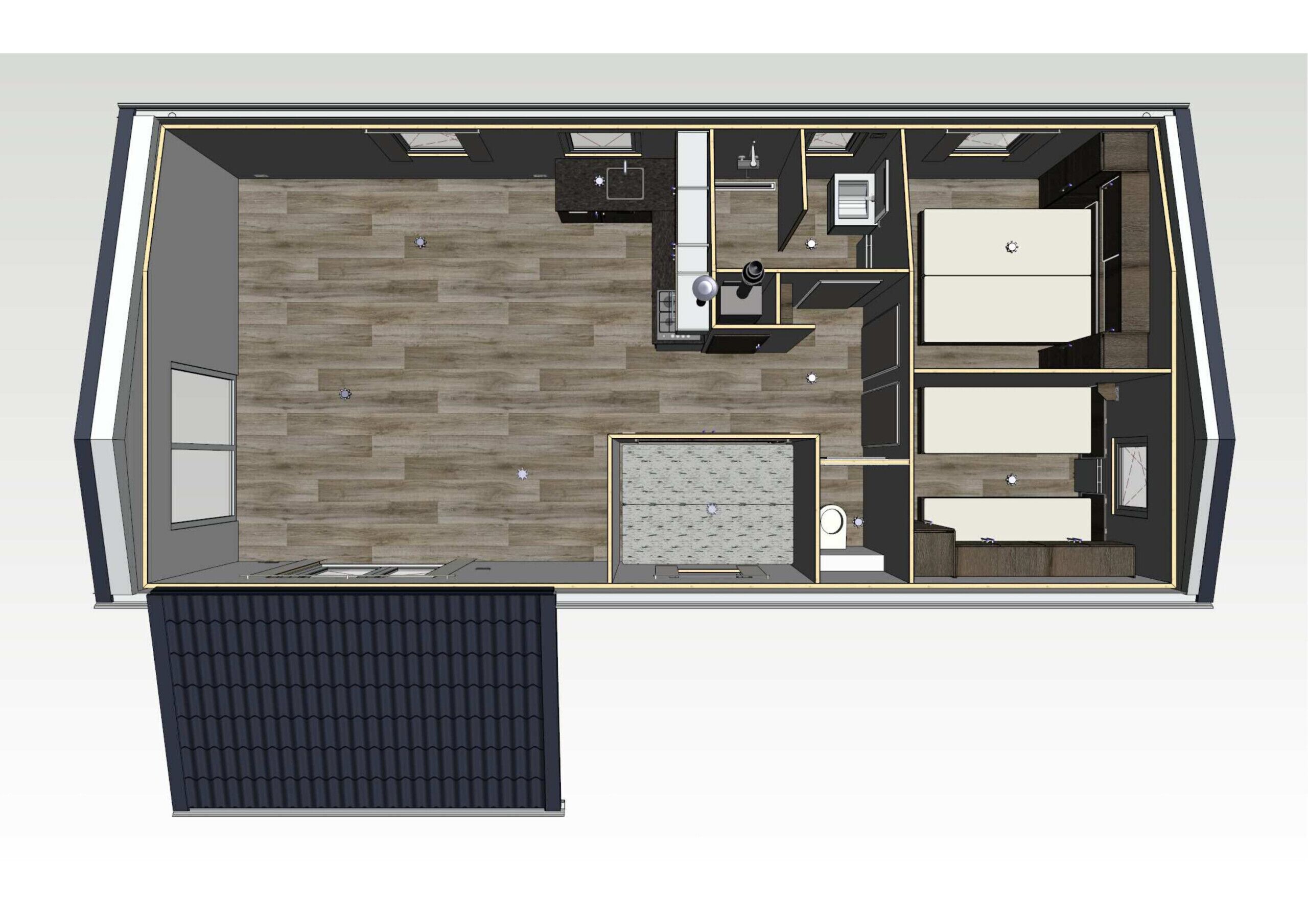 Un plan d’étage d’une chambre d’hôtel comprenant un coin cuisine, une salle de bain, un espace salon et une grande fenêtre.