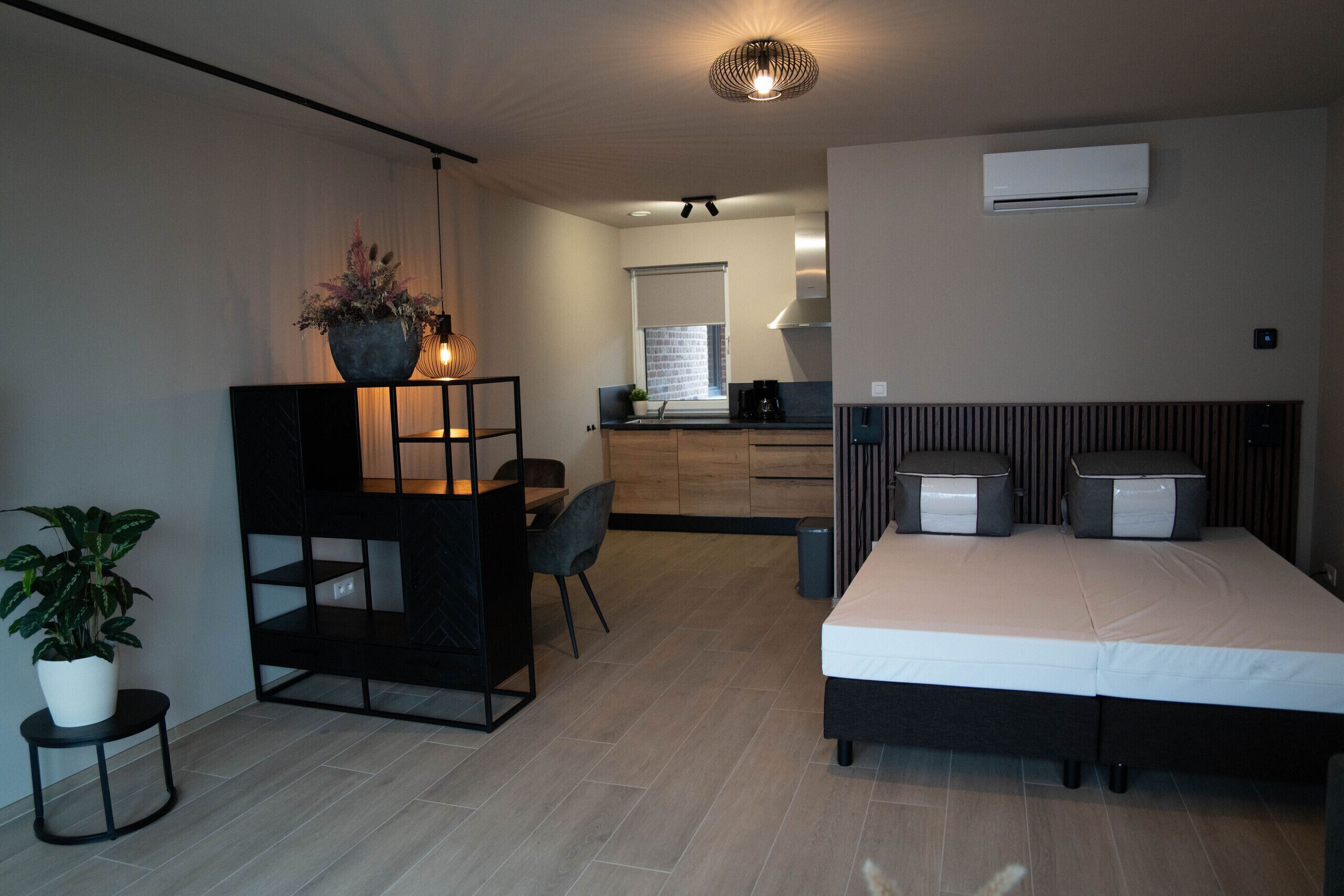 A modern hotel room with a bed, a desk with a chair, a potted plant, and a kitchen area in the background.