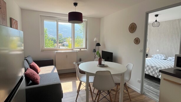 A compact living space with a dining area, a sofa with cushions, a table with chairs, a television, and a view through a window. - Charming & cosy T2, close to Casino Park and Spa (Argelès-Gazost)