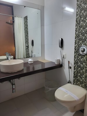 Hair dryer, towels, soap, shampoo