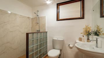 A bathroom with a toilet, sink, shower, and a mirror with a wooden frame.