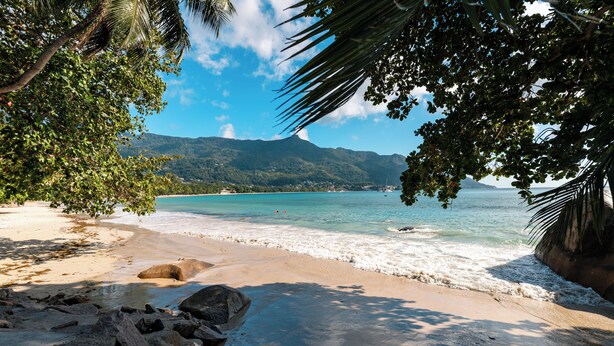 A beach with clear turquoise water, sandy shore, and a mountain in the background. - Beach House Beau Vallon (Mahe Island)