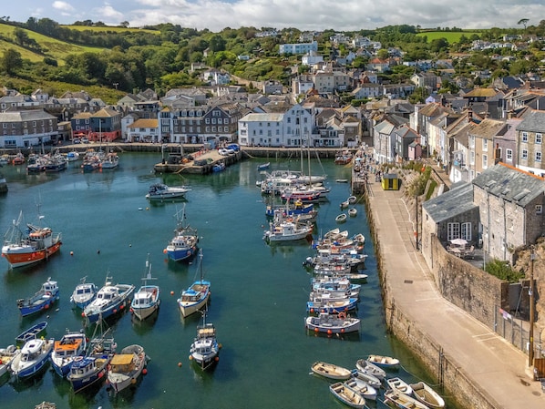 A harbor with numerous boats docked, surrounded by a town with historic buildings.