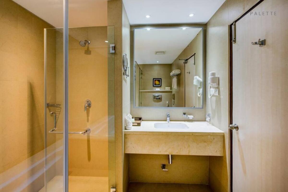 Bathtub, towels, soap, shampoo