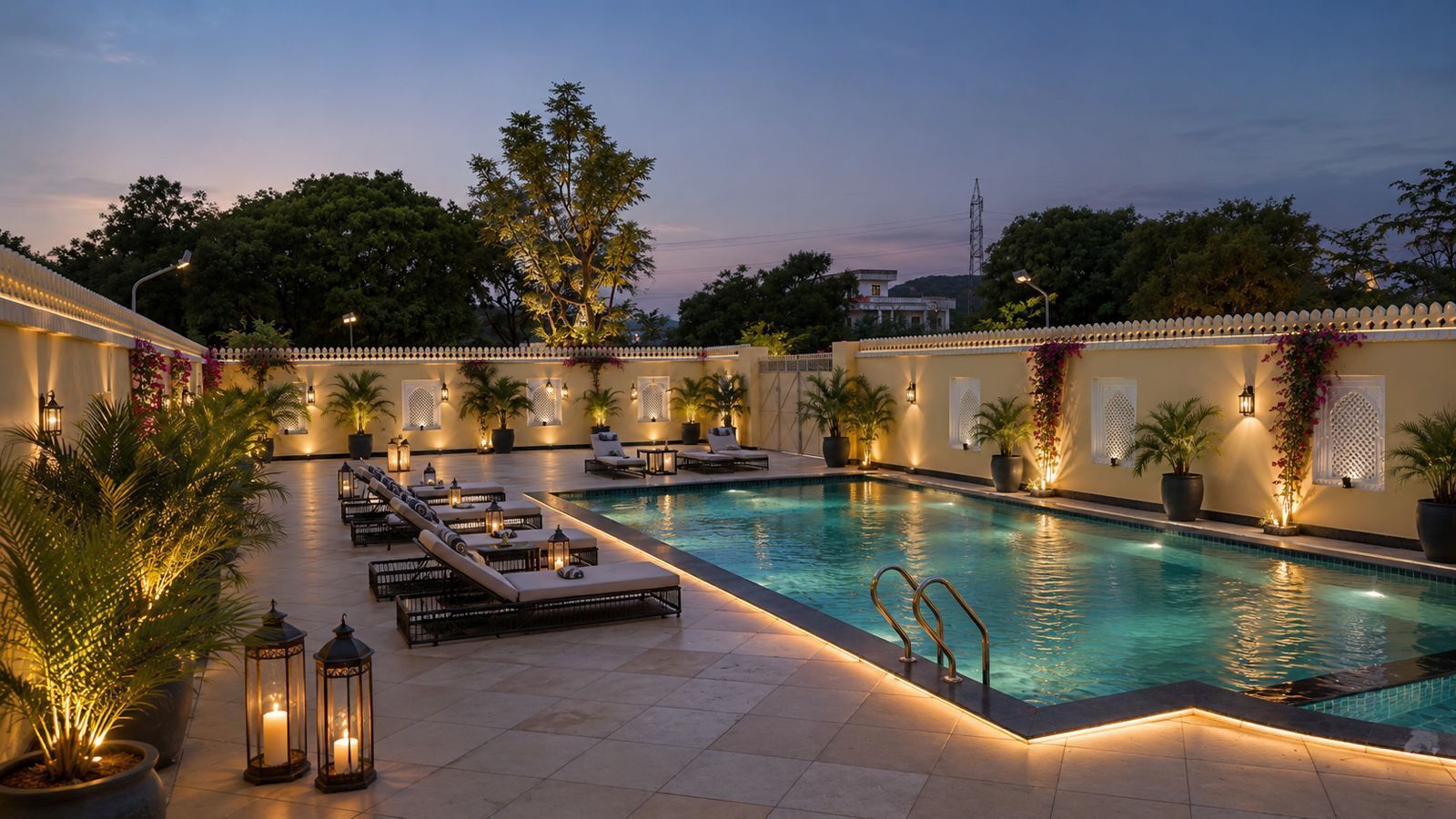 A poolside area with lounge chairs and potted plants, surrounded by walls with decorative lighting.