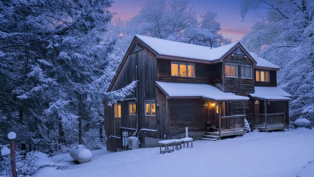 A wooden cabin with a porch and multiple windows, surrounded by snow-covered trees. - Cranmore home in North Conway|sleeps8|pet+ (Conway)