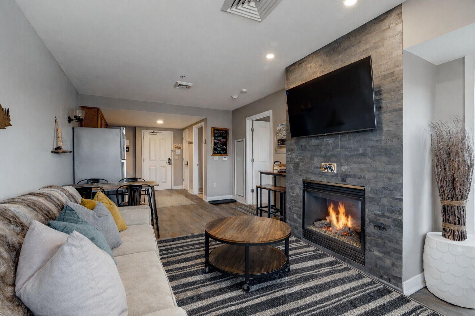 Smart TV, fireplace, video games, foosball