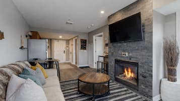 Smart TV, fireplace, video games, foosball