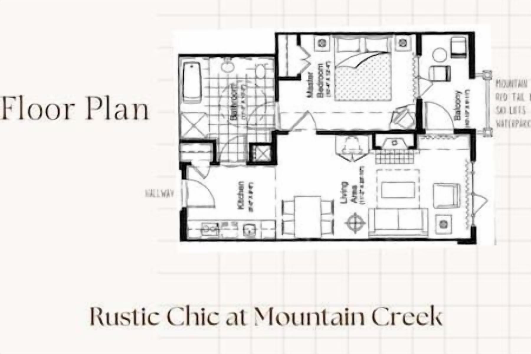 A floor plan of a hotel named Rustic Chic at Mountain Creek, featuring a kitchen, dining area, two bedrooms, a bathroom, and a balcony.