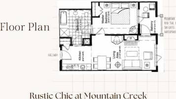 A floor plan of a hotel named Rustic Chic at Mountain Creek, featuring a kitchen, dining area, two bedrooms, a bathroom, and a balcony.