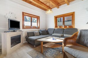 Télévision, cheminée, chaîne hi-fi