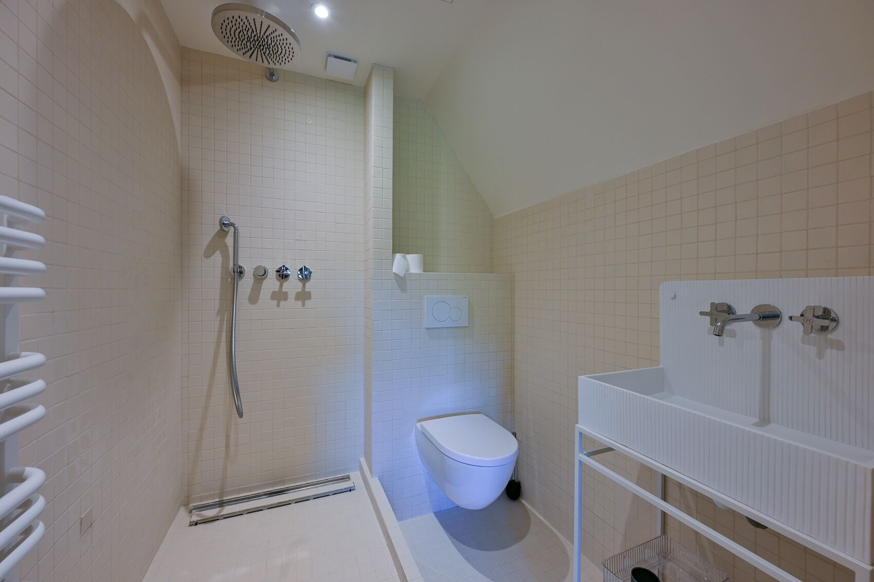 Een moderne badkamer met douche, toilet en wastafel.