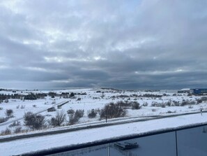 A snowy landscape with a road and a building in the distance. - Glamorous & Stylish Getaway! (Garðabær)
