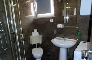 Ducha, secador de pelo, toallas, jabón